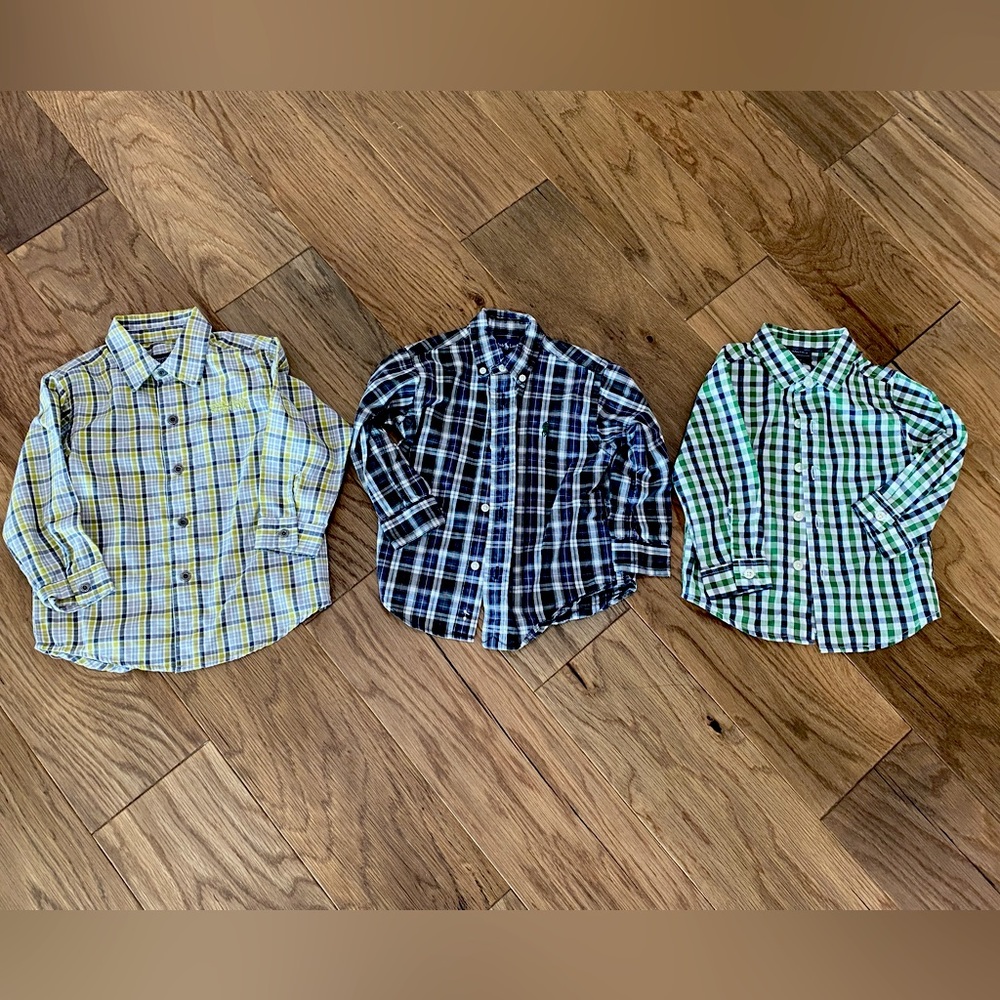 Set of 3 long sleeve button down designer dress shirts, size 24M